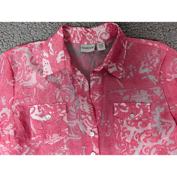 Chicos Top Pink Floral Button Drawstring Collared Long Sleeve Linen Blend Sz M - Picture 8 of 11